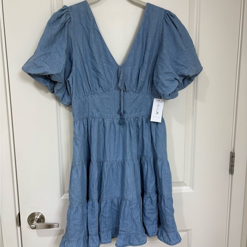 NWT Jessica Simpson Boho Chambray Puff Sleeve Dress. Prairie Style Ruffle - SM